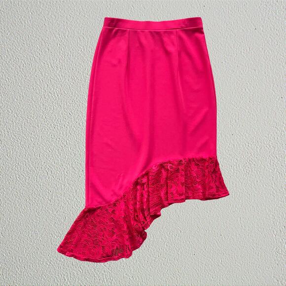 Red asymmetrical lace hem midi skirt - Picture 1 of 5